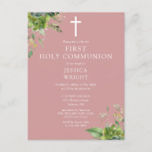 Invitación de primera comunión con follaje de rosa