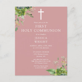 Invitación de primera comunión con follaje de rosa