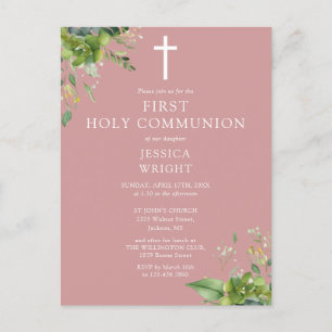 Invitación de primera comunión con follaje de rosa