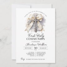 Invitación de Primera Comunión con lazo beige