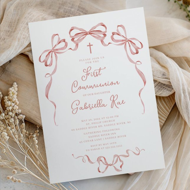 Invitación de Primera Comunión con Lazo Rosado (Subido por el creador)