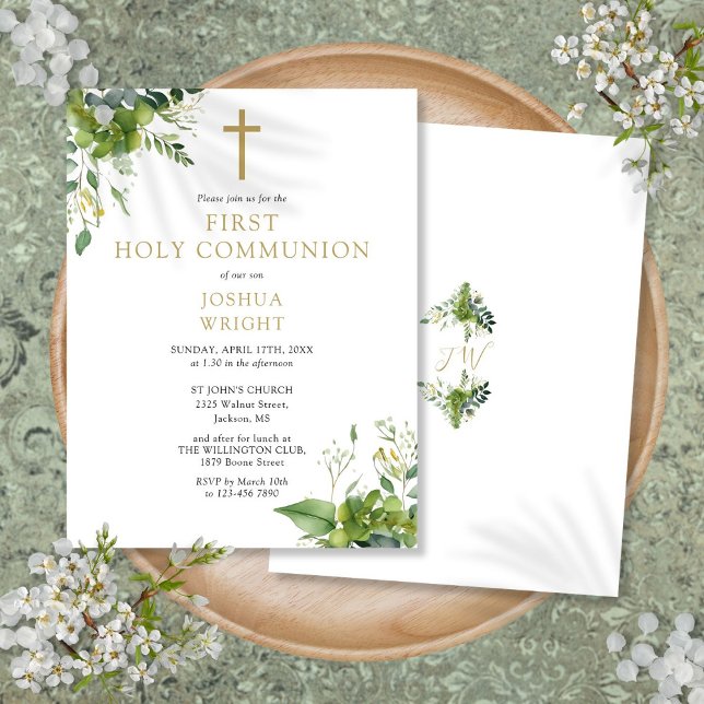 Invitación de Primera Comunión con Monograma de Ve (Greenery Monogram First Holy Communion Invitation Postcard)