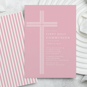 Invitación de Primera Comunión con rayas rosadas