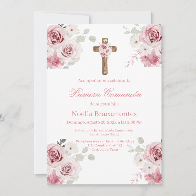 Invitación de primera comunión con rosa rosa en es (Anverso)