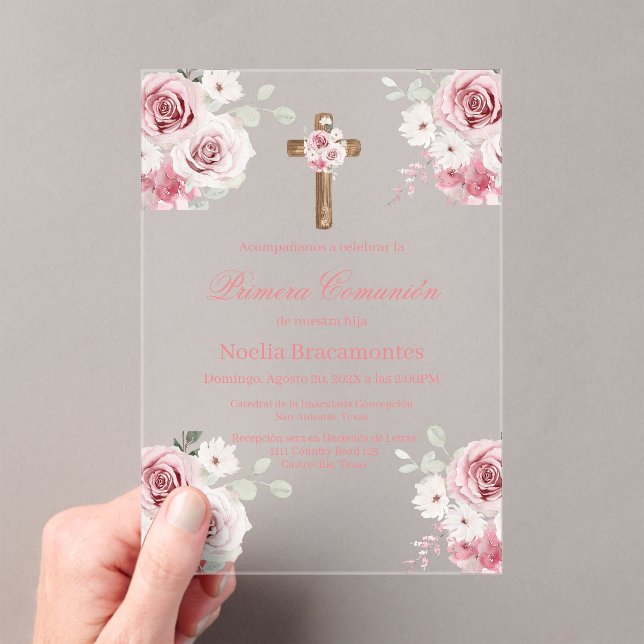 Invitación de primera comunión con rosa rosa en es (Insitu (portátil))
