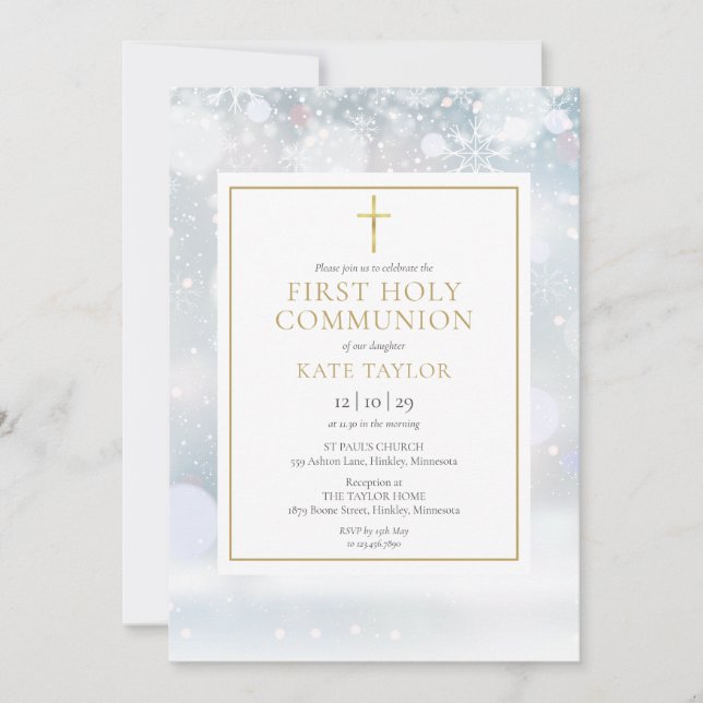 Invitación de Primera Comunión Copos de Nieve de I (Anverso)