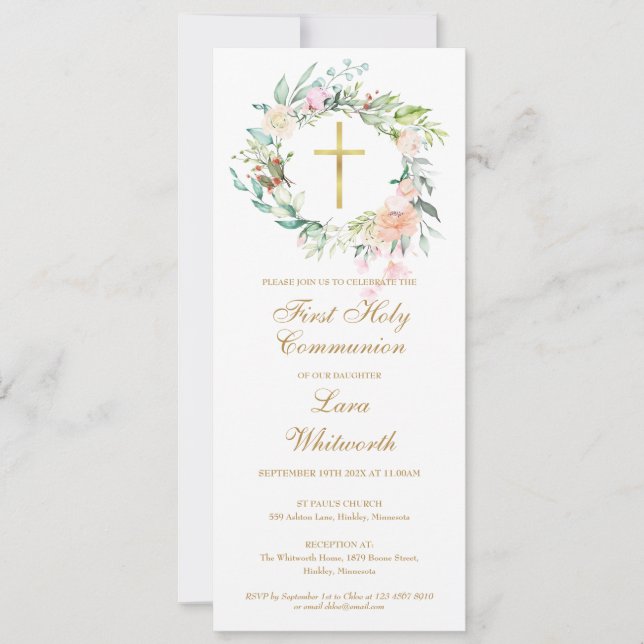 Invitación de Primera Comunión Cruz de Oro Floral (Anverso)