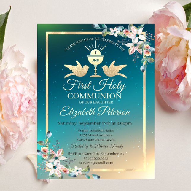 Invitación de Primera Comunión Cruz Floral de Oro (Subido por el creador)