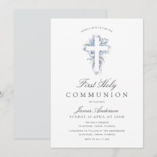 invitación de primera comunión de cruz floral azul