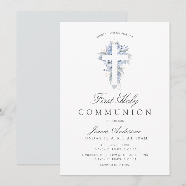 invitación de primera comunión de cruz floral azul (Anverso / Reverso)