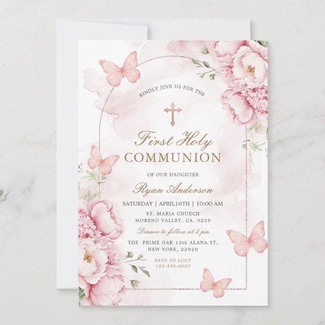 Invitación de Primera Comunión de Mariposa Elegant (Anverso)