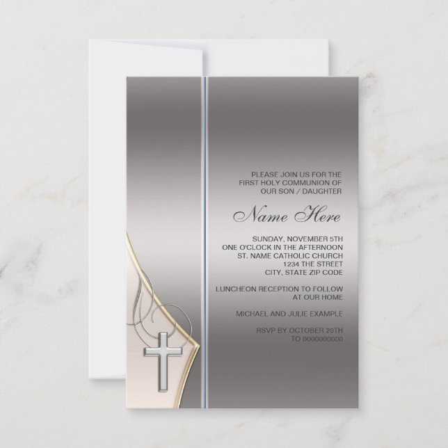 Invitación de Primera Comunión elegante de plata y (Anverso)