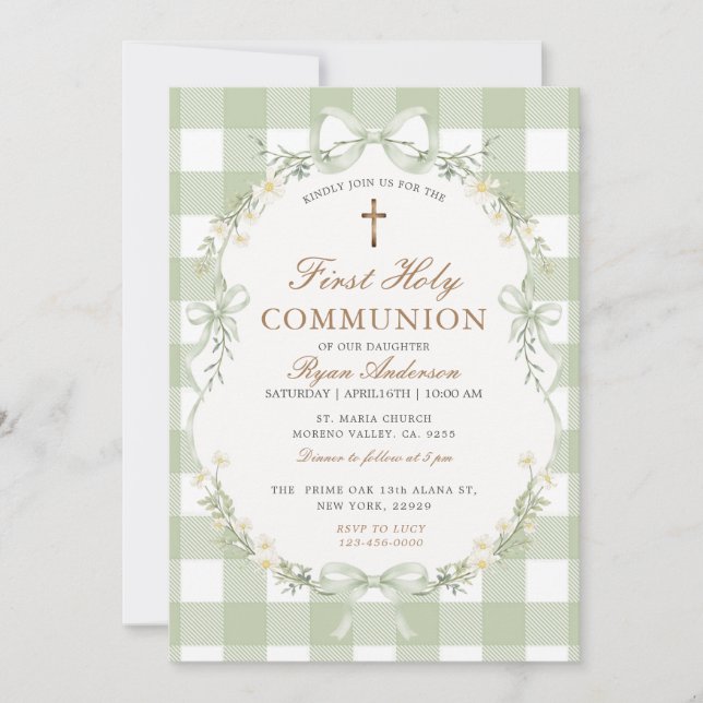 Invitación de Primera Comunión en Gingham Verde Sa (Anverso)