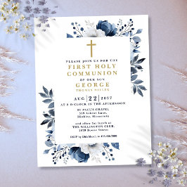 Invitación de Primera Comunión Floral Azul Marino