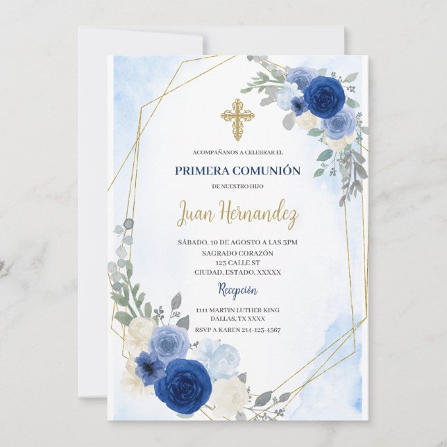 Invitación de Primera Comunión Floral Azul Polvo (Anverso)