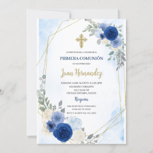 Invitación de Primera Comunión Floral Azul Polvori