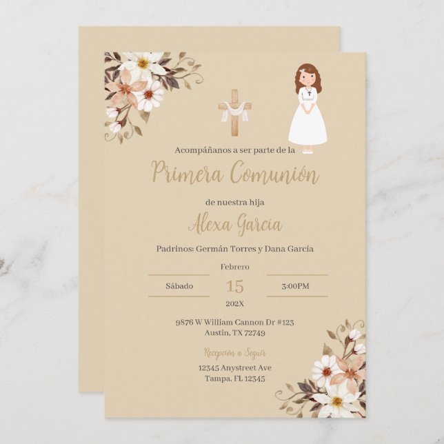 Invitación de Primera Comunión floral beige (Anverso / Reverso)