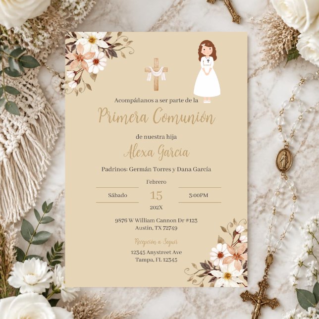 Invitación de Primera Comunión floral beige (Subido por el creador)
