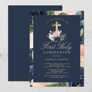 Invitación de Primera Comunión Floral Cruz Navy pa
