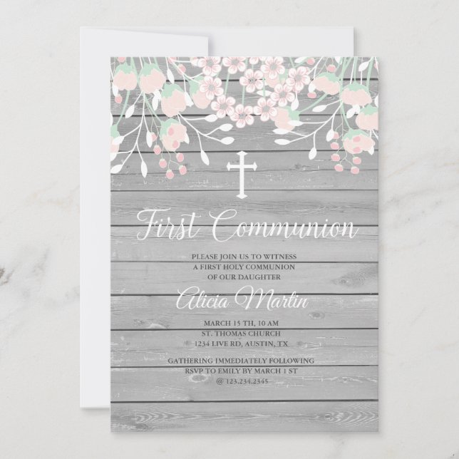 Invitación de primera comunión floral de madera gr (Anverso)