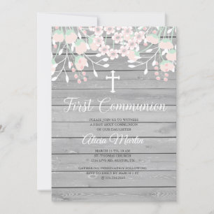 Invitación de primera comunión floral de madera gr
