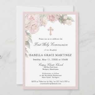 Invitación de Primera Comunión floral de rosa rosa