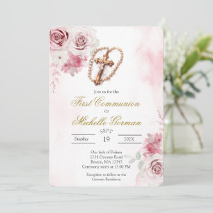 Invitación de primera comunión floral rosa Crucifi