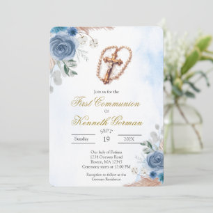Invitación de primera comunión floral rosa Crucifi