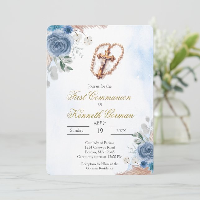 Invitación de primera comunión floral rosa Crucifi (Anverso de pie)