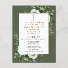 Invitación de Primera Comunión Floral Verde Oliva