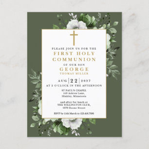 Invitación de Primera Comunión Floral Verde Oliva