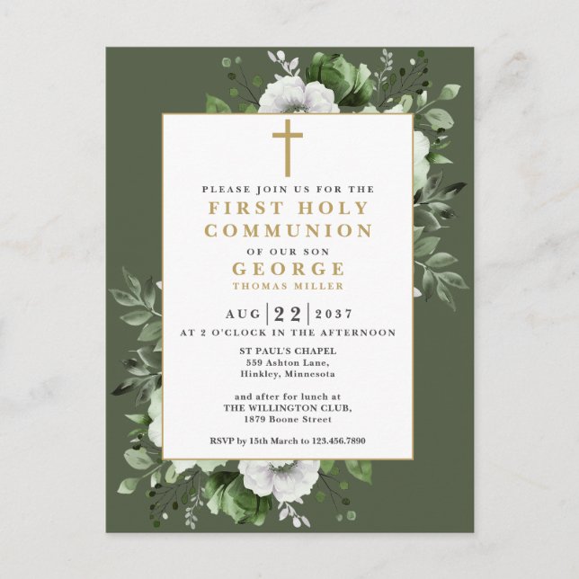 Invitación de Primera Comunión Floral Verde Oliva (Anverso)