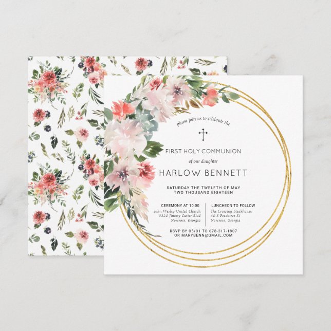 Invitación de Primera Comunión Flores Elegantes (Anverso / Reverso)