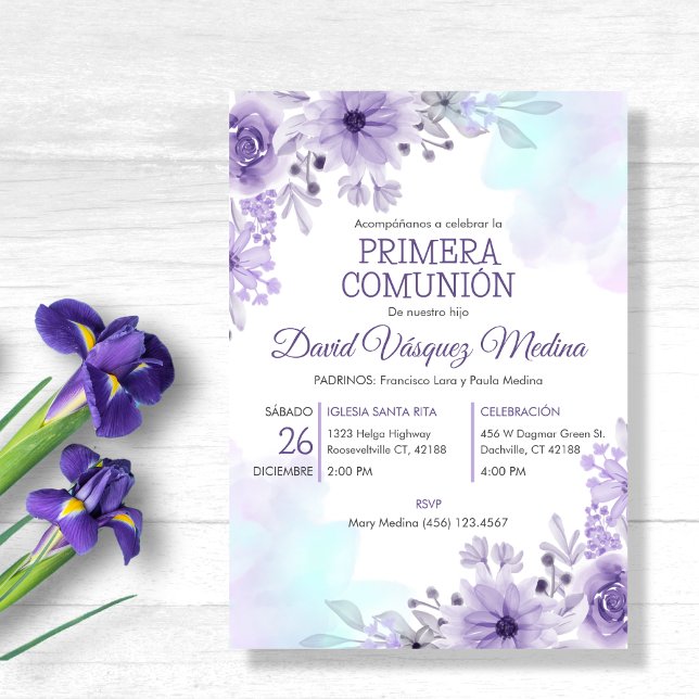 Invitación de Primera Comunión Flores Moradas Lind (Subido por el creador)