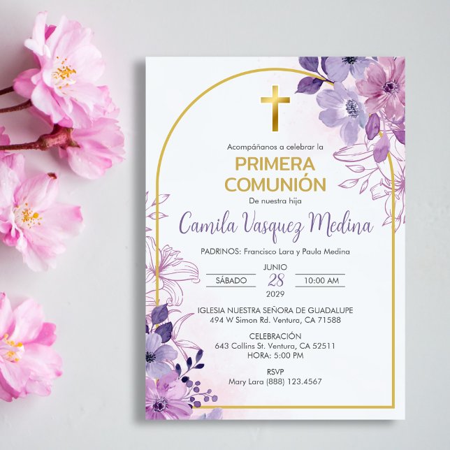 Invitación de Primera Comunión Flores Purpúreas Li (Subido por el creador)