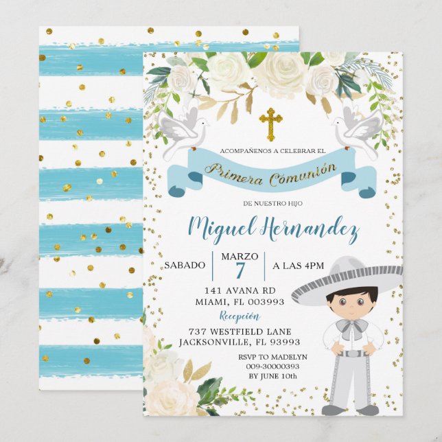 Invitación de Primera Comunión Mexicana Floral Azu (Anverso / Reverso)