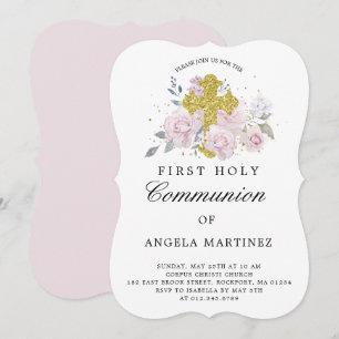 Invitación de Primera Comunión Rosa Floral Cruz Do