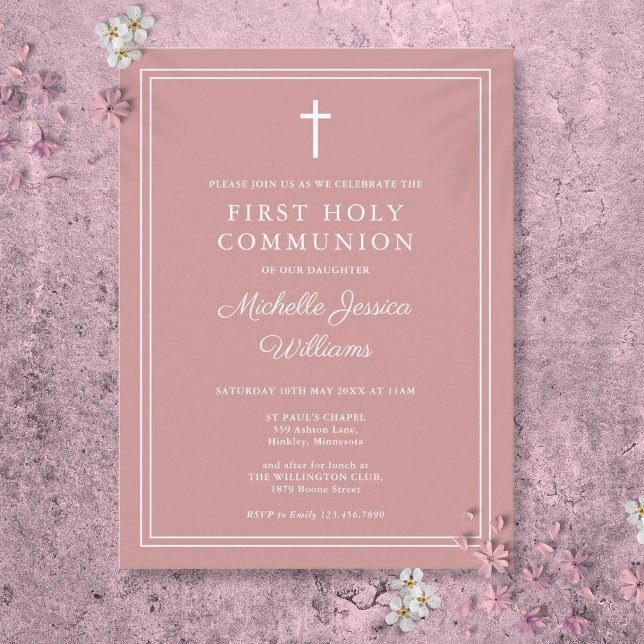 Invitación de Primera Comunión Rosa Polvo (Dusty Rose Pink First Holy Communion Invitation Postcard)