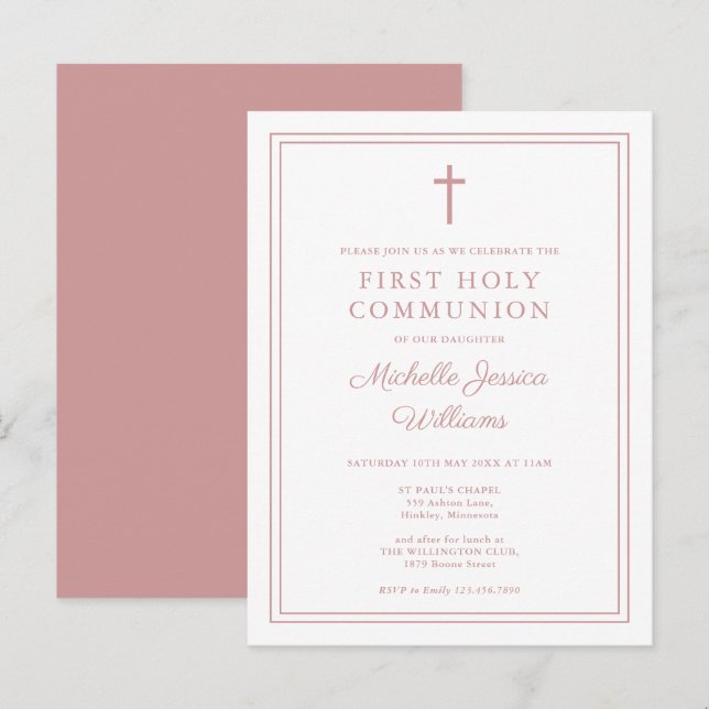 Invitación de Primera Comunión Rosa Polvo Elegante (Anverso / Reverso)