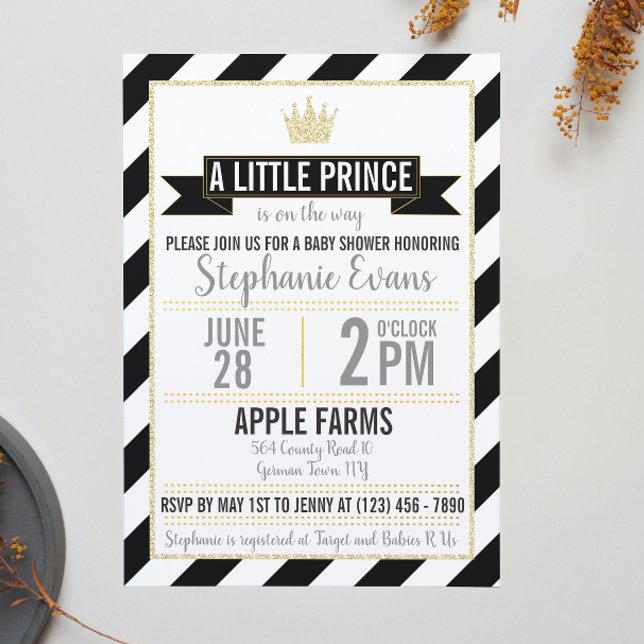 Invitación de Prince Baby Shower, Purpurina de oro (Subido por el creador)