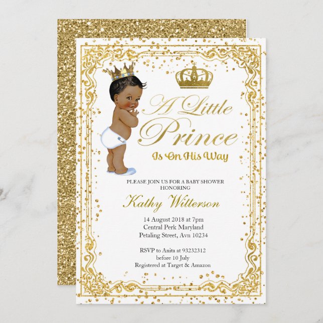 Invitación de Prince Baby Shower Purpurina Gold (Anverso / Reverso)