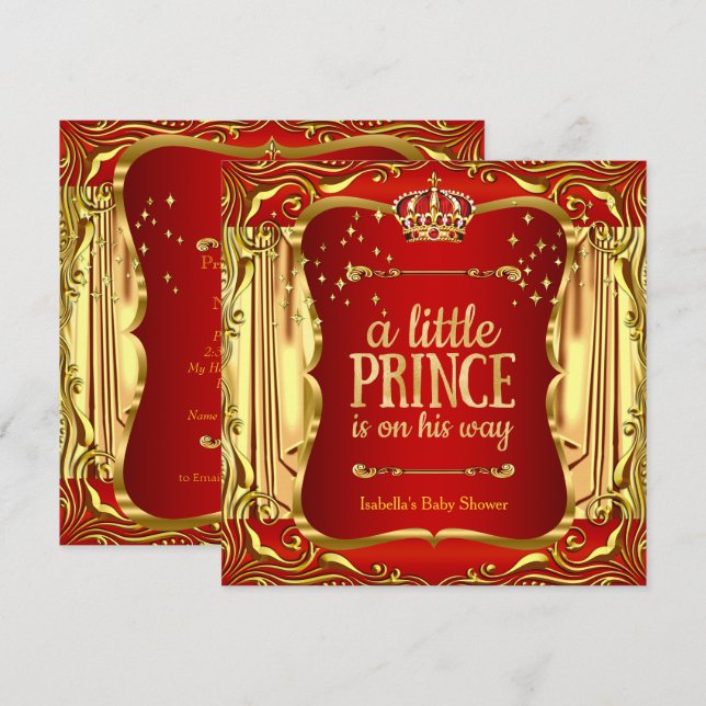 Invitación de Prince Baby Shower Red Gold Boy (Anverso / Reverso)