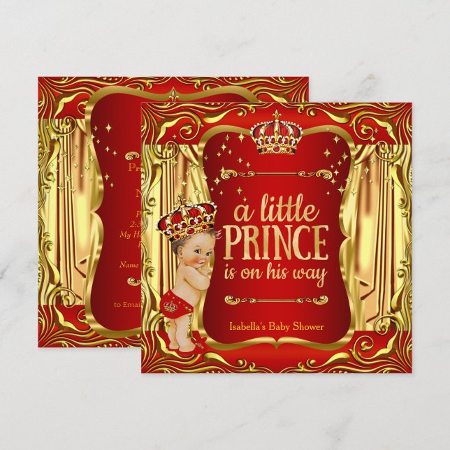 Invitación de Prince Baby Shower Red Gold Boy Brun (Anverso / Reverso)