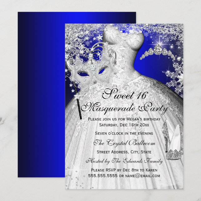 Invitación de Princesa Azul y Plateada para Cumple (Anverso / Reverso)