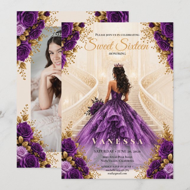 Invitación de Princesa dulces 16 Morado y Dorado (Anverso / Reverso)