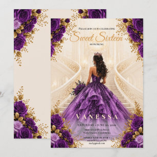 Invitación de Princesa dulces 16 Morado y Dorado