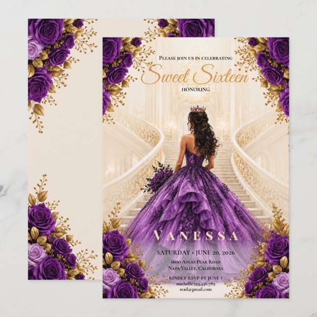 Invitación de Princesa dulces 16 Morado y Dorado (Anverso / Reverso)