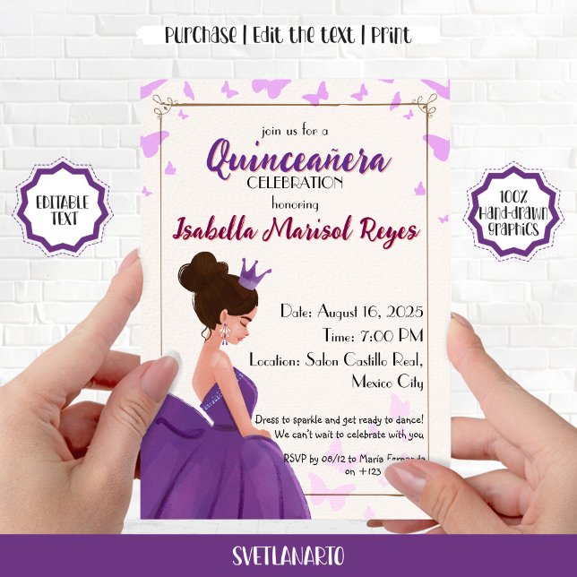 Invitación de Princesa Elegante Lila para Quinceañ (Subido por el creador)