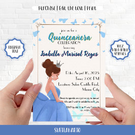 Invitación de Princesa Elegante Quinceañera Azul