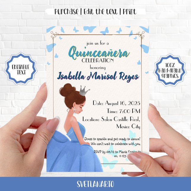 Invitación de Princesa Elegante Quinceañera Azul (Subido por el creador)
